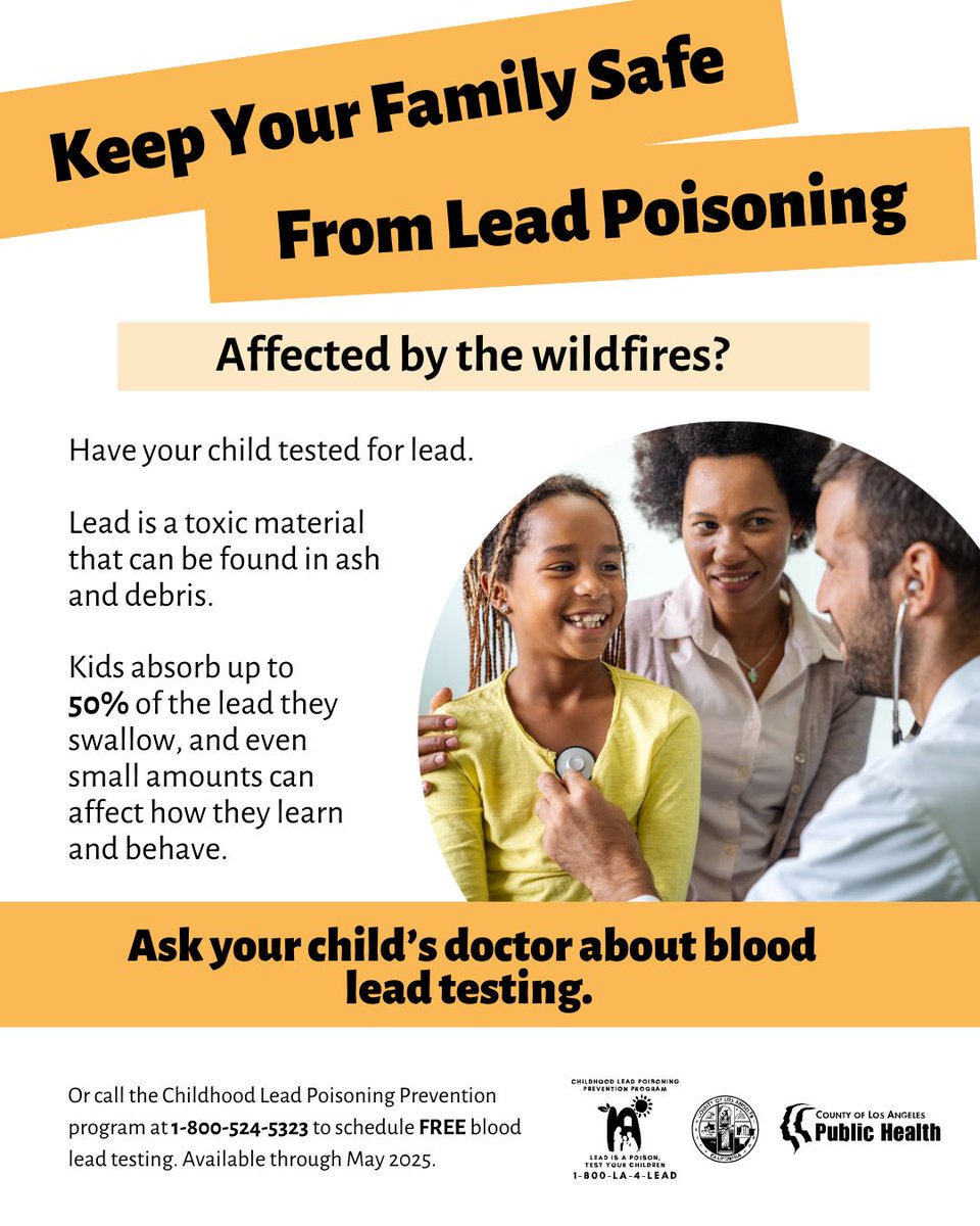 lapublichealth's tweet image. ATTENTION WILDFIRE-AFFECTED FAMILIES: Blood lead testing is FREE through May 2025!
Ask your child's doctor to test for lead or call the Childhood Lead Poisoning Prevention Program at 1-800-524-5323 for FREE blood lead testing, available through May 2025.