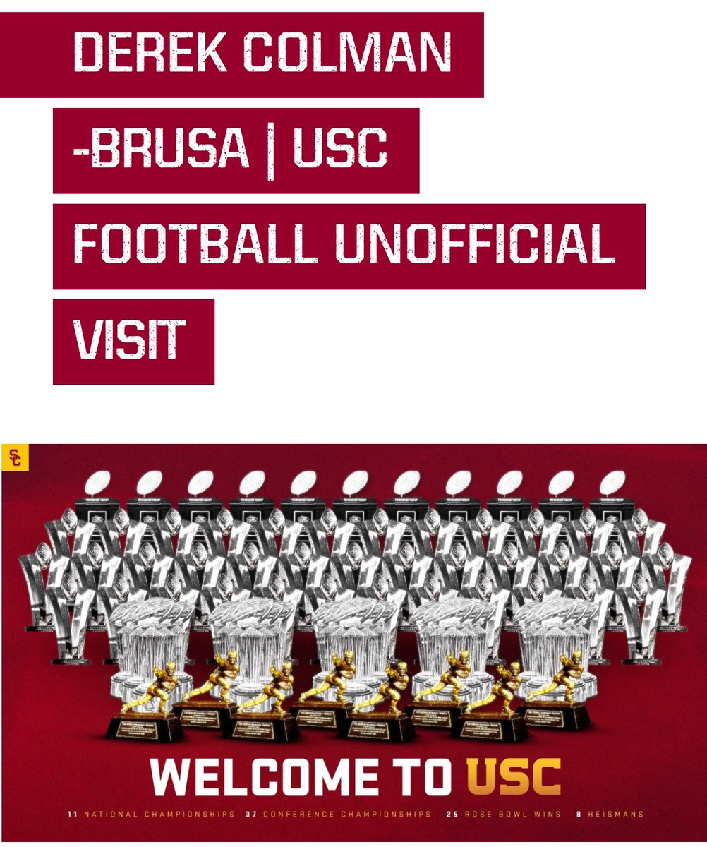 Derek Colman-Brusa (@colmanbrusa2026) on Twitter photo I’m looking forward to visiting USC this week.
<a href="/uscfb/">USC Football ✌️</a> <a href="/LincolnRiley/">Lincoln Riley</a> <a href="/CoachNua/">Shaun Nua</a> <a href="/Coach_Henny/">Eric Henderson</a> I’m looking forward to visiting USC this week.
<a href="/uscfb/">USC Football ✌️</a> <a href="/LincolnRiley/">Lincoln Riley</a> <a href="/CoachNua/">Shaun Nua</a> <a href="/Coach_Henny/">Eric Henderson</a>