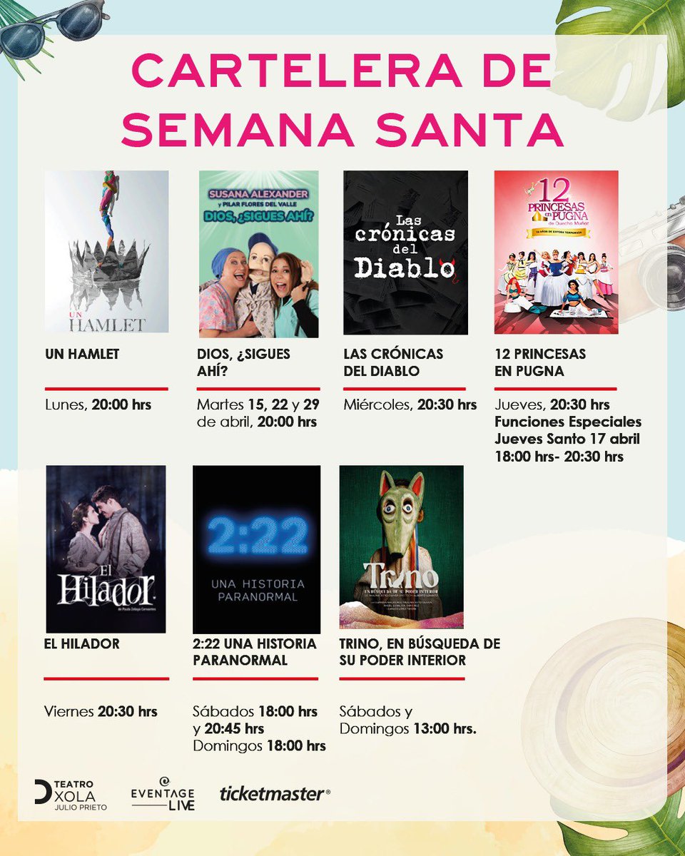 ¡Que mejor forma de pasar semana santa en CDMX que en el teatro! 
 
Compra tus boletos en sistema Ticketmaster y en taquilla del teatro. 

Te esperamos