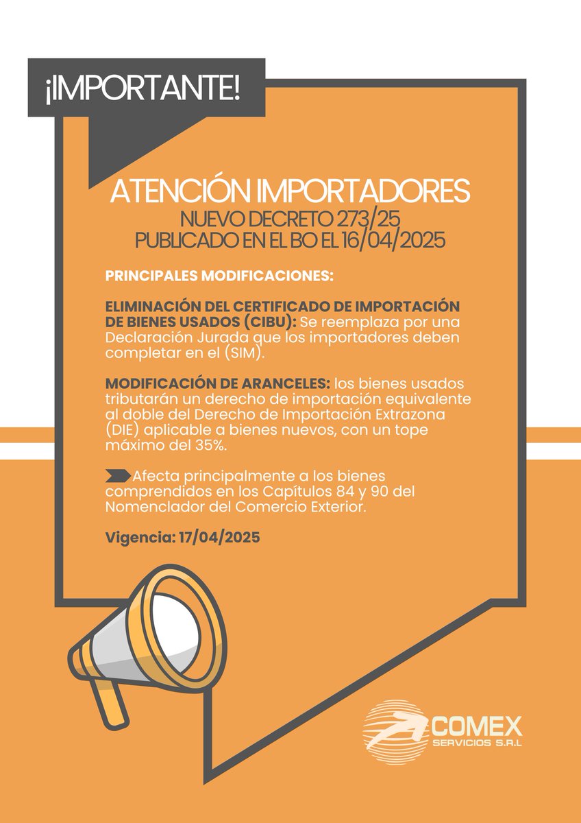 📢IMPORTANTE
Novedades para la importación de bienes de capital usados.
👉 Menos trabas, más oportunidades para invertir, producir y crecer.
En COMEX ya estamos analizando el alcance de esta normativa para asesorarte de forma clara y precisa.

 #Importaciones  #ComercioExterior