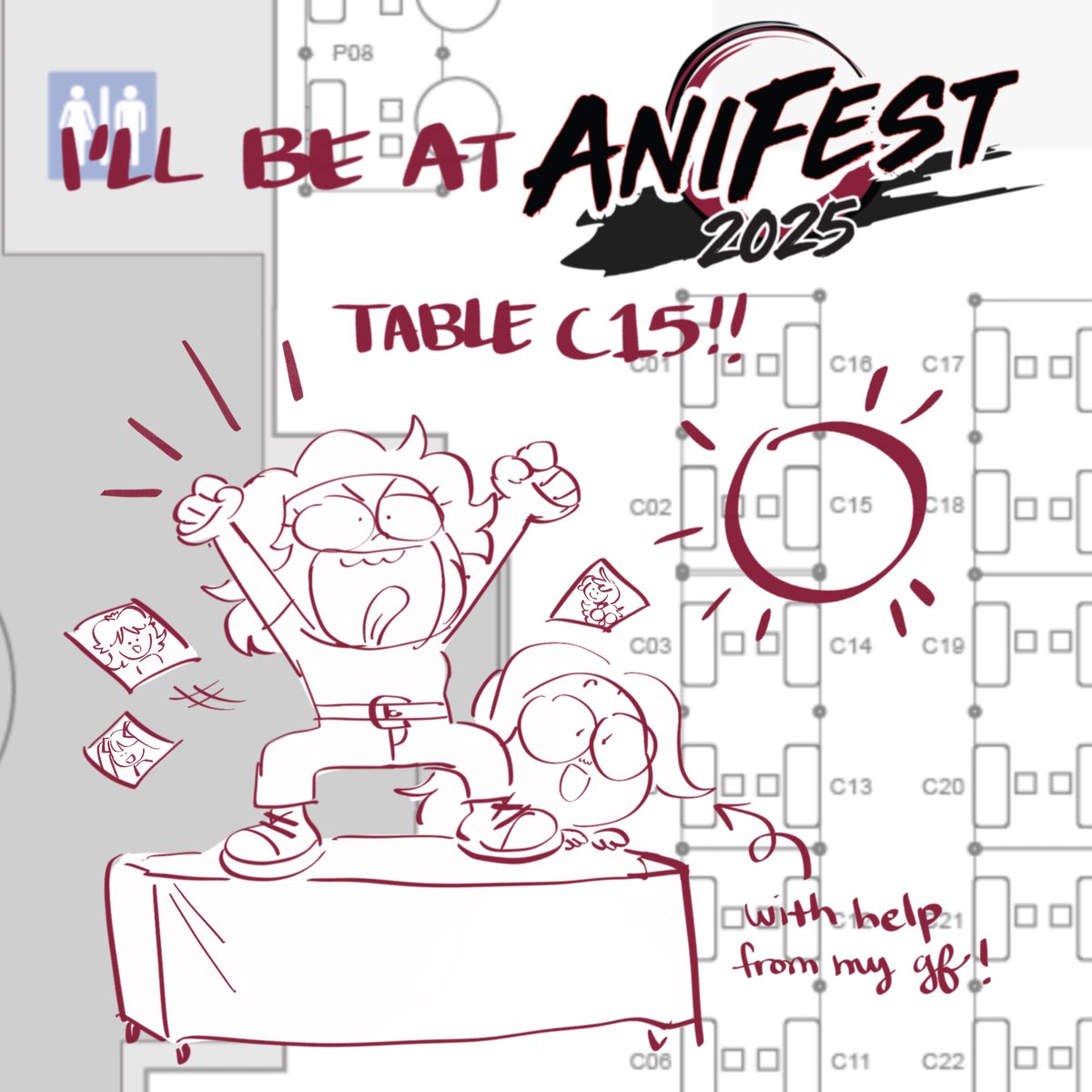 this saturday 4/19 i'll be tabling at @anifestcon ! grab a ticket and head on over to the torrance cultural arts center for some prints, stickers, charms, pins, and standees!! table c15!