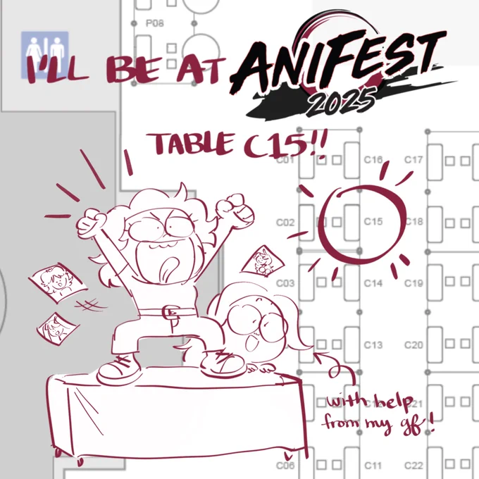 this saturday 4/19 i'll be tabling at @anifestcon ! grab a ticket and head on over to the torrance cultural arts center for some prints, stickers, charms, pins, and standees!! table c15! 
