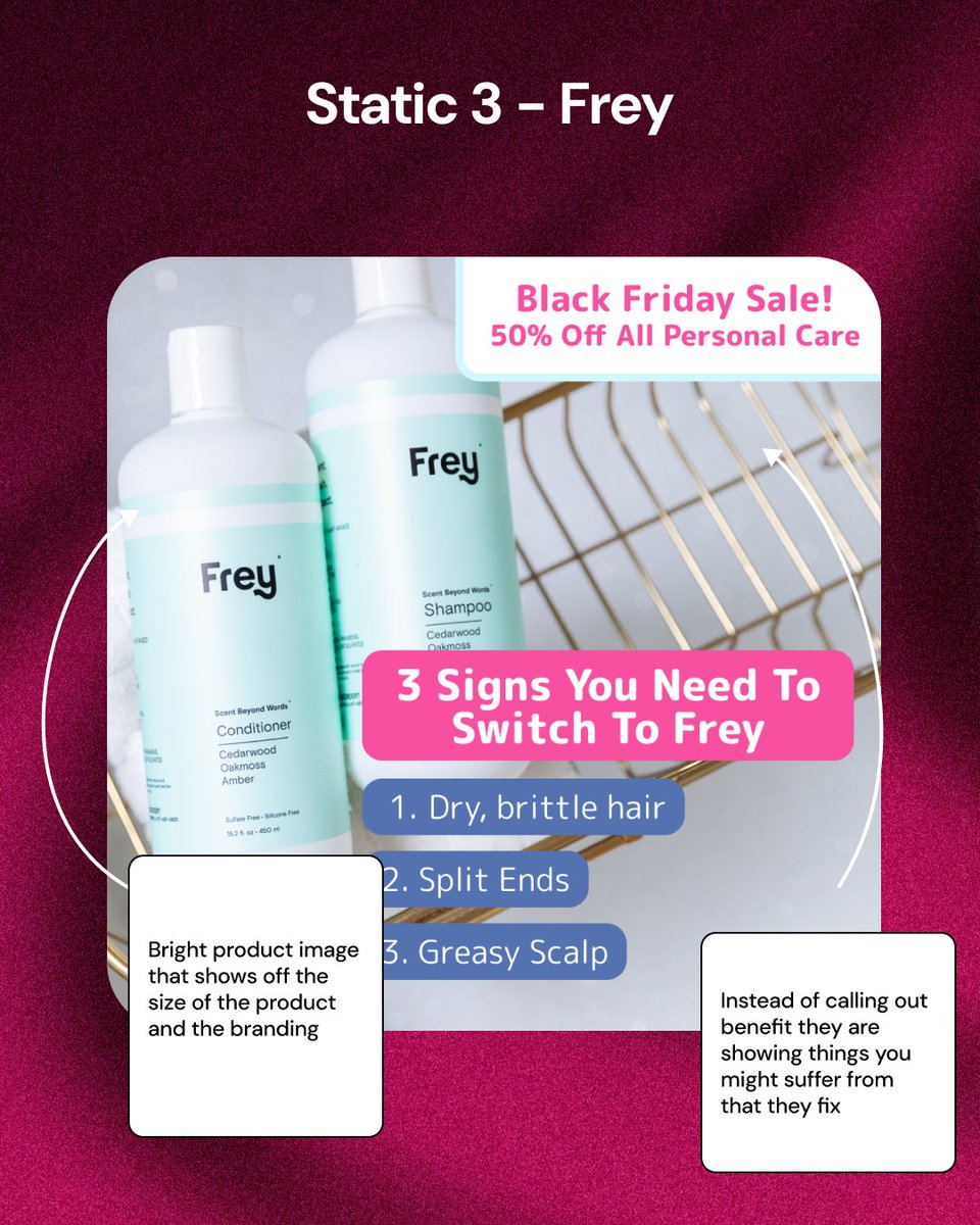 Just found 3 static ads that are absolute money printers.
These are masterclasses in conversion psychology:

SKIIN: Social proof + mapped benefits 
Billie: Visual problem elimination 
Frey: Problem-first education

Dead simple. Bloody effective. No fancy production needed.