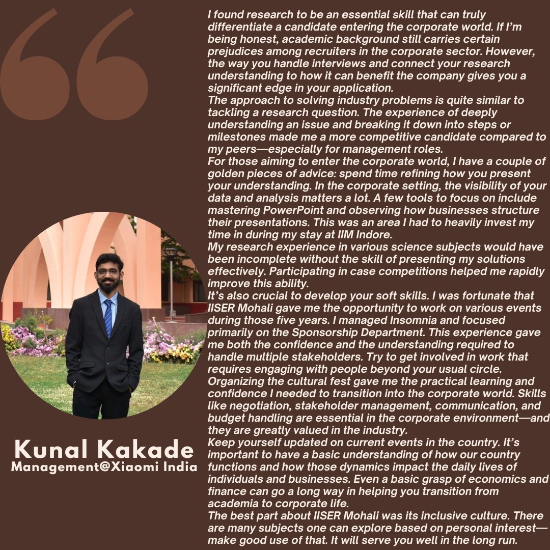 opportunit97142's tweet photo. Alumni Stories #3
Greetings Everyone from the Opportunity Cell!
Meet Kunal Kakade from MS14 batch.
See how IISER Mohali helped him grow his career.
#IISERMohali https://t.co/oJ2nYreSh8