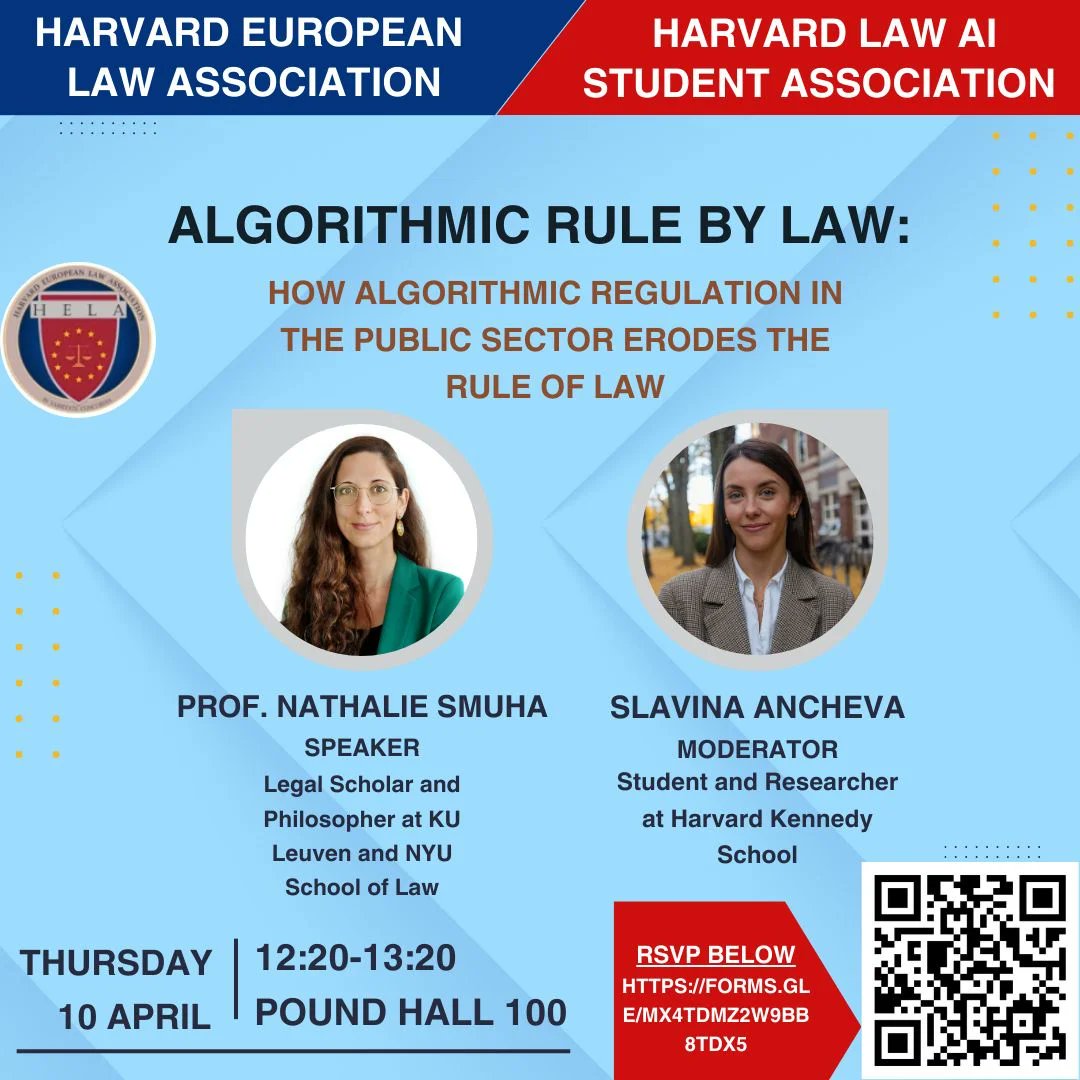 Nathalie Smuha (@nathaliesmuha) on Twitter photo It was a pleasure to present my book #AlgorithmicRuleByLaw last week <a href="/Harvard_Law/">Harvard Law School</a>.
The talk was hosted by the Harvard European Law Association & Law AI Association, moderated by @SlavinaAncheva.
Many thanks, esp. to Florence Seghers, for organizing!
hls.harvard.edu/events/natalia… It was a pleasure to present my book #AlgorithmicRuleByLaw last week <a href="/Harvard_Law/">Harvard Law School</a>.
The talk was hosted by the Harvard European Law Association & Law AI Association, moderated by @SlavinaAncheva.
Many thanks, esp. to Florence Seghers, for organizing!
hls.harvard.edu/events/natalia…