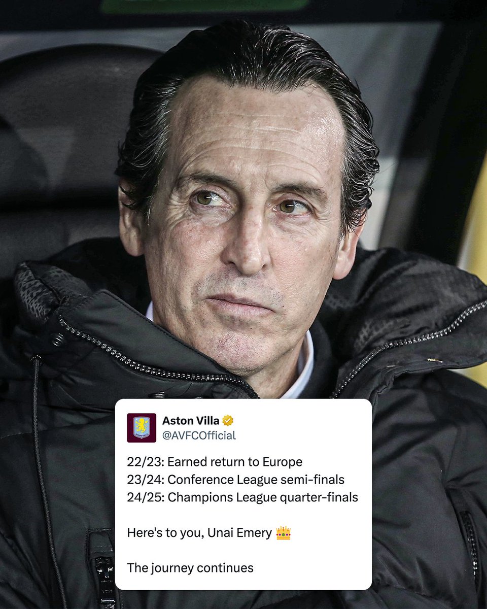 ESPNFC's tweet image. Unai Emery has truly transformed Aston Villa into one of the best stories in European football over the last three years.
In Villa's first season back in the UCL in over 40 years, he led them to:
▪️ A win vs. Bayern Munich
▪️ A draw vs. Juventus
▪️ A win at home vs. PSG despite…