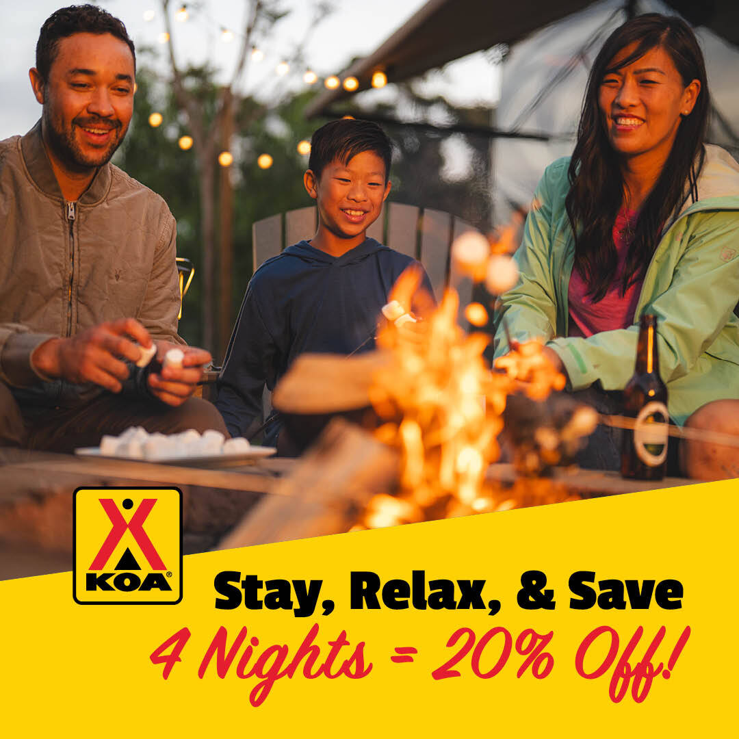 KoaHolidayBVD's tweet photo. Extend your stay and save big! Book 4 nights and enjoy a 20% discount on your total stay. Don't miss out on this fantastic deal! 🏕️✨ #camping #specialoffer #StayLongerSaveMore #KOADeals #AdventureAwaits #CampingDiscount #NatureEscape#ExploreMore #CampMoreSpendLess https://t.co/7dIgRpoNhh