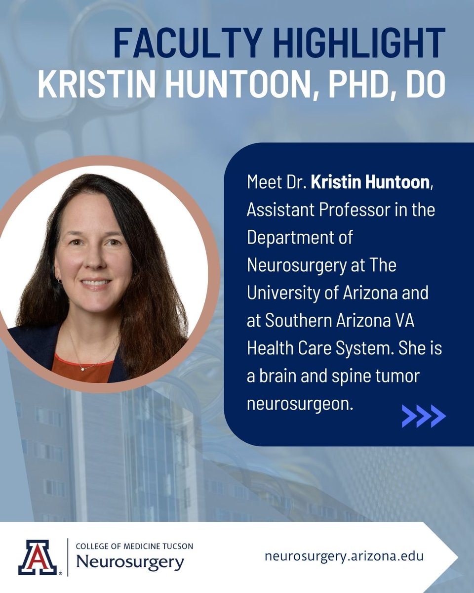 UAZNeurosurgery's tweet image. 🔬 Meet our April Faculty Highlight! 💡💫 
Dr. @KristinHuntoon  is a neurosurgeon-scientist treating brain and spine tumors with cutting-edge care &amp;amp; compassionate precision.

Learn more about Dr. Huntoon: neurosurgery.arizona.edu/profile/kristi…

#FacultyHighlight #WomenInMedicine @JuliePilitsis