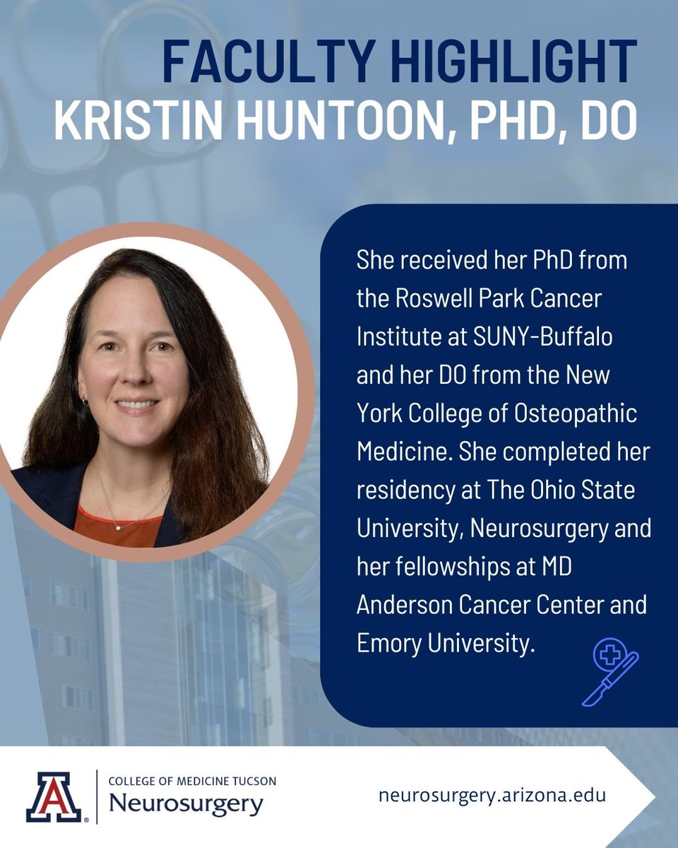 UAZNeurosurgery's tweet image. 🔬 Meet our April Faculty Highlight! 💡💫 
Dr. @KristinHuntoon  is a neurosurgeon-scientist treating brain and spine tumors with cutting-edge care &amp;amp; compassionate precision.

Learn more about Dr. Huntoon: neurosurgery.arizona.edu/profile/kristi…

#FacultyHighlight #WomenInMedicine @JuliePilitsis