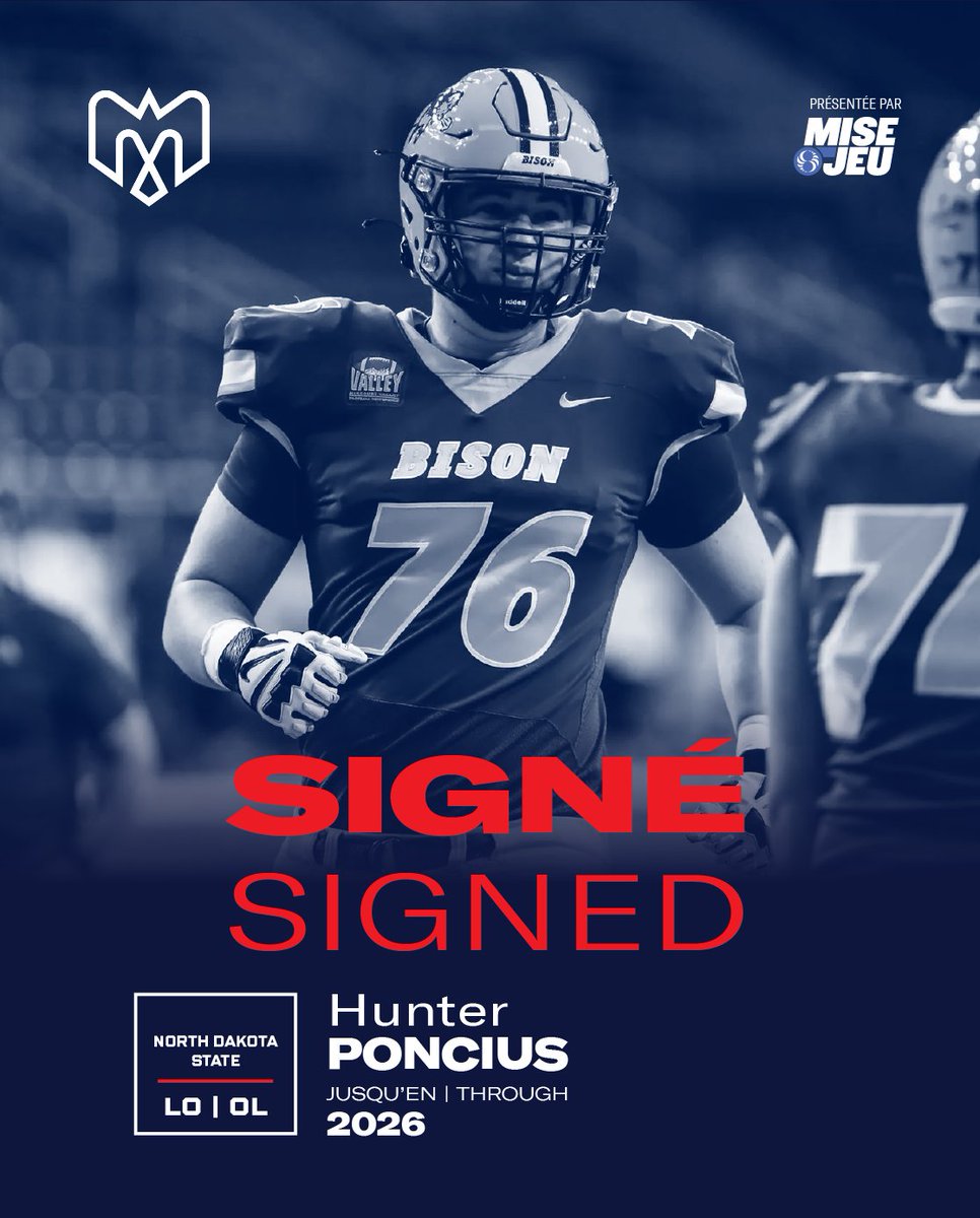 Alouettes de Montréal (@mtlalouettes) on Twitter photo Adding some more size up front!
We’ve signed former North Dakota State offensive lineman <a href="/hunter_poncius/">Hunter Poncius</a> to a two-year deal!
Details: en.montrealalouettes.com/2025/04/16/als…
#Alouettes | Presentée par <a href="/Miseojeu/">Mise-o-jeu</a> Adding some more size up front!
We’ve signed former North Dakota State offensive lineman <a href="/hunter_poncius/">Hunter Poncius</a> to a two-year deal!
Details: en.montrealalouettes.com/2025/04/16/als…
#Alouettes | Presentée par <a href="/Miseojeu/">Mise-o-jeu</a>