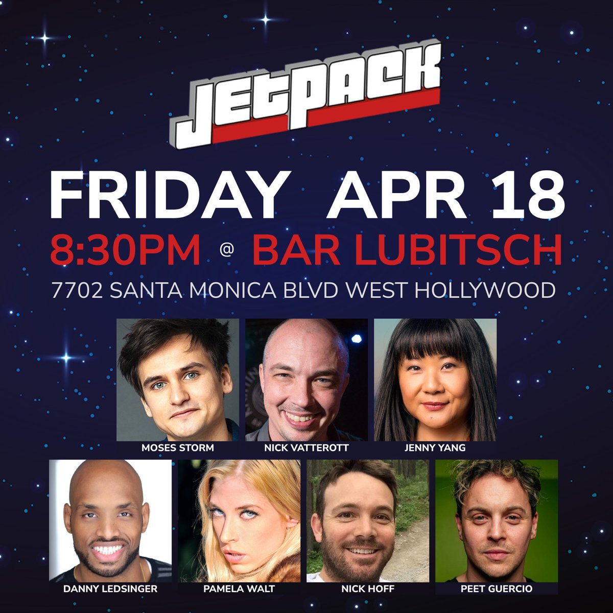 Jetpack Comedy (@jetpackcomedy) on Twitter photo A star-studded standup show to start the weekend. See you at <a href="/BarLubitsch/">Bar Lubitsch</a>!
@PeetGuercio @NickVatterott <a href="/houseofpamcakes/">Pamcakes</a> <a href="/jennyyangtv/">Jenny Yang</a> @Dledsinger2funny <a href="/MosesStorm/">mosesstorm</a> @NickHoff <a href="/thecomedybureau/">Comedy Bureau</a>
Get tickets: jetbook.co/e/jetpack-come… A star-studded standup show to start the weekend. See you at <a href="/BarLubitsch/">Bar Lubitsch</a>!
@PeetGuercio @NickVatterott <a href="/houseofpamcakes/">Pamcakes</a> <a href="/jennyyangtv/">Jenny Yang</a> @Dledsinger2funny <a href="/MosesStorm/">mosesstorm</a> @NickHoff <a href="/thecomedybureau/">Comedy Bureau</a>
Get tickets: jetbook.co/e/jetpack-come…