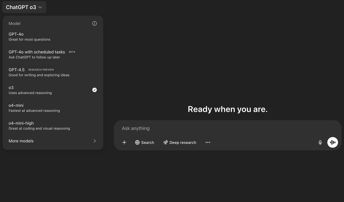 Just opened ChatGPT and there’s a whole new menu of brains: 
a fresh “o‑series” lineup 
o3
o4‑mini 
o4‑mini‑high