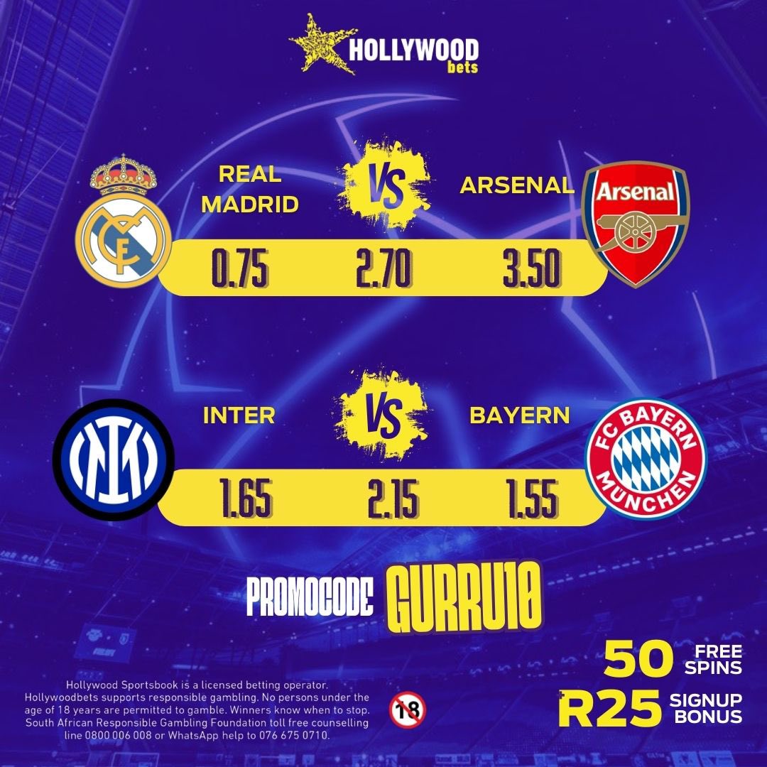 Bet on Real Madrid vs Arsenal &amp; Inter Milan vs Bayern Munich on #Hollywoodbets today💜

Not yet on #Hollywoodbets? 

Use promo code: GURRU10 or link in bio for R25 signup bonus + 50 Free Spins. 🎁
Link: bit.ly/GURRU10

Ts&amp;Cs apply 18+ Bet responsibly. 💜
