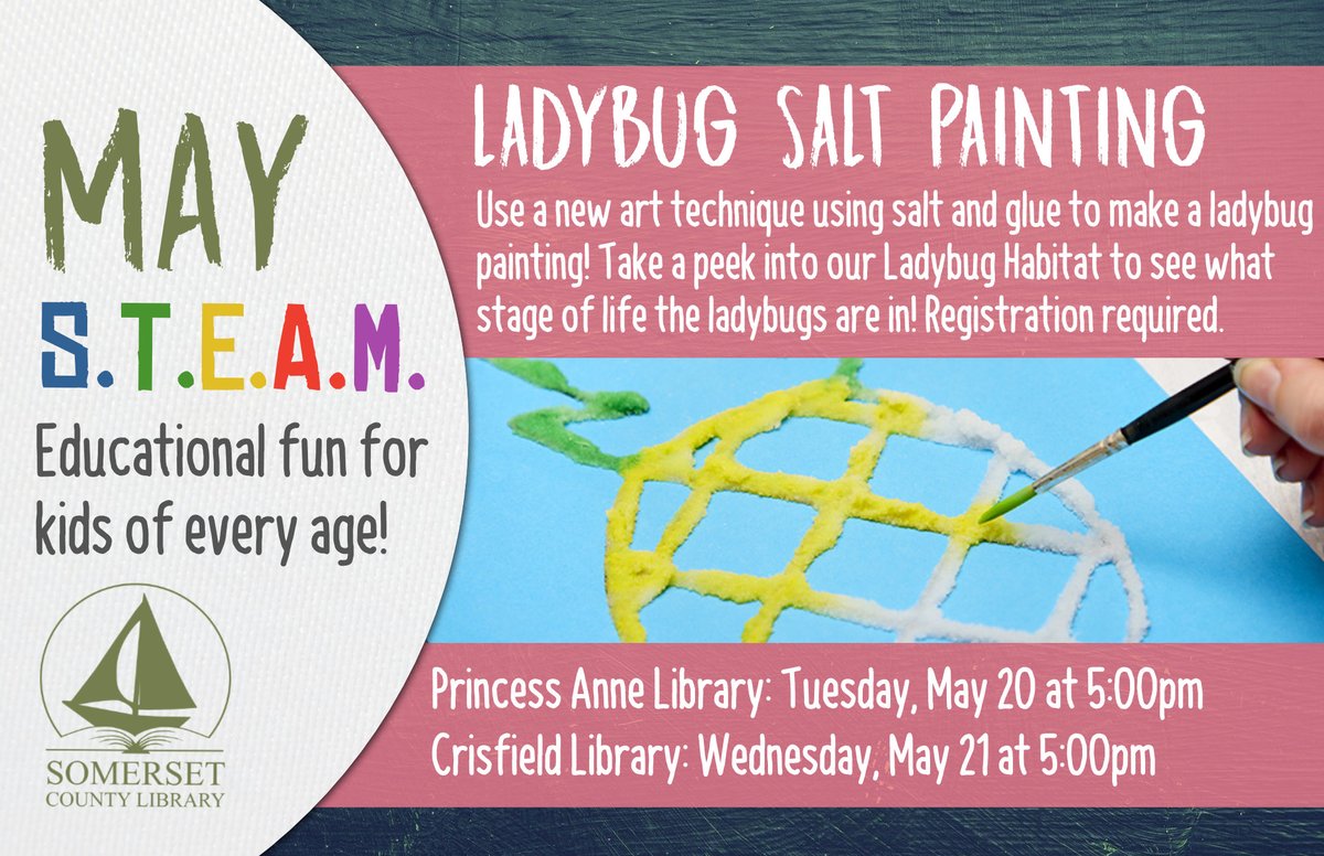 SomersetCounty1's tweet image. 🎨 Use salt for a unique new way to draw! For kids of all ages, registration required, call or stop by to sign up. ⚙️
Crisfield Library: 410-968-0955
Princess Anne: 410-651-0852
#stem #librarystem
