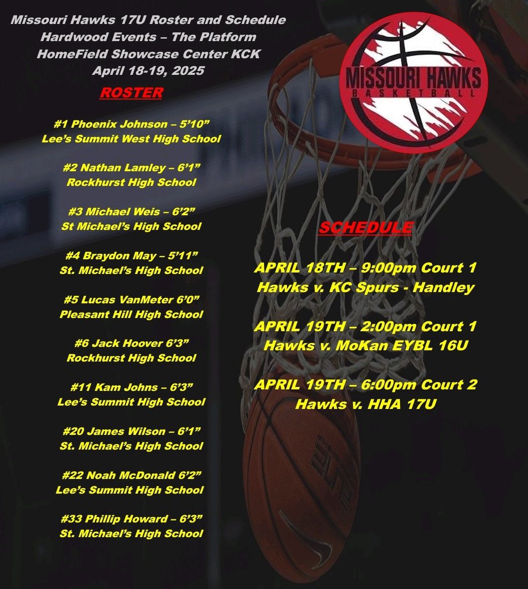 Missouri Hawks (@mohawkcoachmike) on Twitter photo 17U roster and schedule for this weekend <a href="/HardwoodEvents/">Hardwood Events</a> The Platform. <a href="/PhoenixTJohnson/">Phoenix Johnson</a> <a href="/LamleyNathan/">Nathan Lamley</a> <a href="/michaelweis2026/">Michael Weis</a> <a href="/BraydonMay16/">Braydon May</a> <a href="/LucasVanMeter/">Lucas VanMeter</a> <a href="/KamJohns1111/">Kameron Johns1111</a> <a href="/JamesgWilson20/">James Wilson</a> <a href="/Noah_Mcdonald32/">Noah McDonald</a> <a href="/philliphoward33/">Phillip Howard</a> 17U roster and schedule for this weekend <a href="/HardwoodEvents/">Hardwood Events</a> The Platform. <a href="/PhoenixTJohnson/">Phoenix Johnson</a> <a href="/LamleyNathan/">Nathan Lamley</a> <a href="/michaelweis2026/">Michael Weis</a> <a href="/BraydonMay16/">Braydon May</a> <a href="/LucasVanMeter/">Lucas VanMeter</a> <a href="/KamJohns1111/">Kameron Johns1111</a> <a href="/JamesgWilson20/">James Wilson</a> <a href="/Noah_Mcdonald32/">Noah McDonald</a> <a href="/philliphoward33/">Phillip Howard</a>