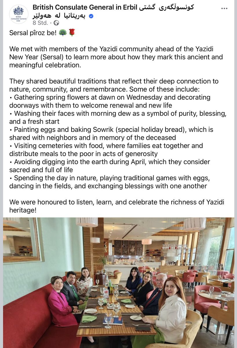 Mirza Dinnayi (@mdinnayi) on Twitter photo I would like to thank the <a href="/ukinerbil/">UK in Erbil</a> for their kind invitation on the occasion of the Yezidi New Year. It was a nice opportunity to meet the acting consul general and the team, to speak about the religious value, the historical, cultural heritage of the Yezidi New Year. I would like to thank the <a href="/ukinerbil/">UK in Erbil</a> for their kind invitation on the occasion of the Yezidi New Year. It was a nice opportunity to meet the acting consul general and the team, to speak about the religious value, the historical, cultural heritage of the Yezidi New Year.