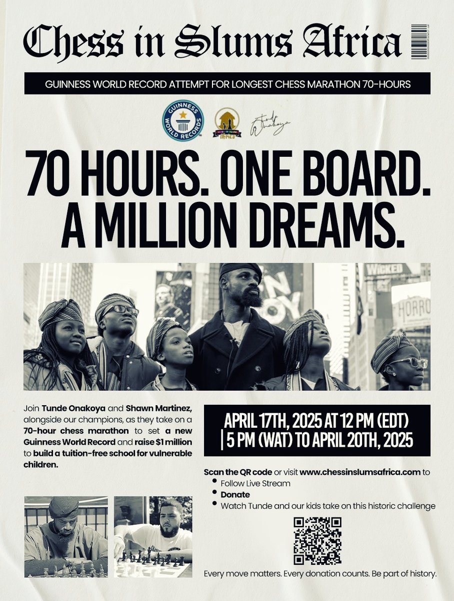 The Countdown has begun, and our gamechangers are set to take on the world record for the longest chess marathon.

To be part of this historic journey: Amplify • Stream • Donate. If you’re in NYC, don’t miss the chance to come to Times Square and cheer them on.

#GWR2025
