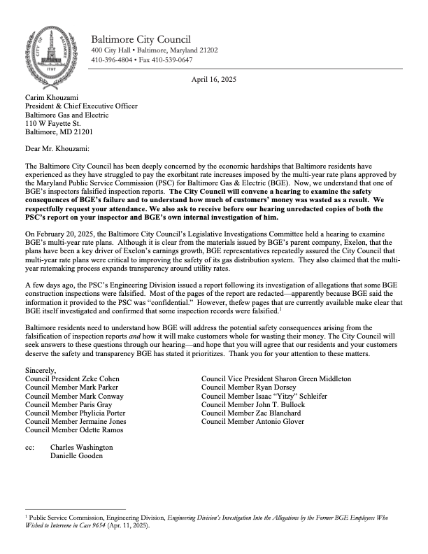 Yesterday we found out that a BGE inspector falsified safety inspections.

We deserve to know if our utilities are safe, especially when BGE uses safety to justify rate hikes.

The Council wrote to BGE to get the full report. We will hold a hearing.

Baltimore deserves better.