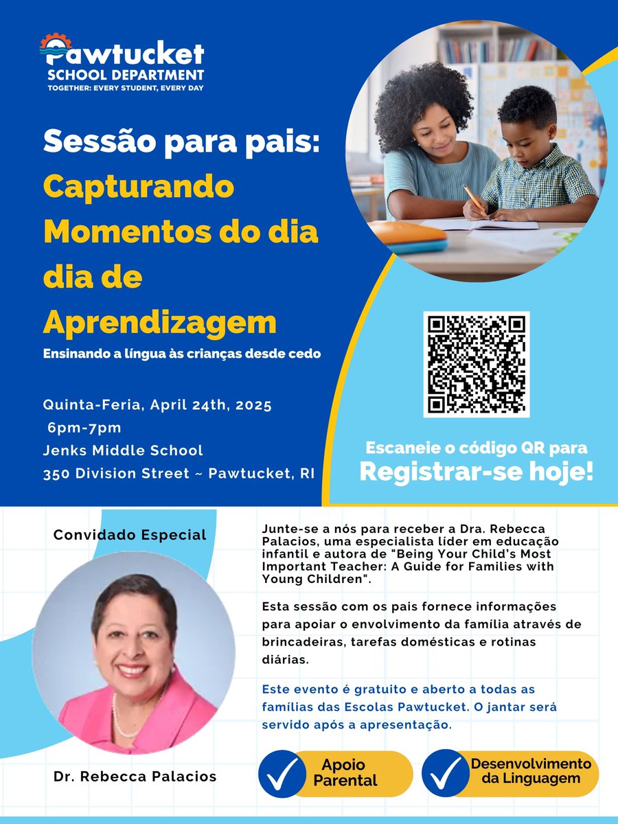 ¡Reserve la fecha!

Nos complace invitar a todas las familias de las escuelas de Pawtucket a una sesión gratuita para padres enfocada en la enseñanza del lenguaje infantil desde una edad temprana.

Fecha: Jueves, 24 de abril
Hora: 6pm-7pm
Lugar: Escuela Secundaria Jenks