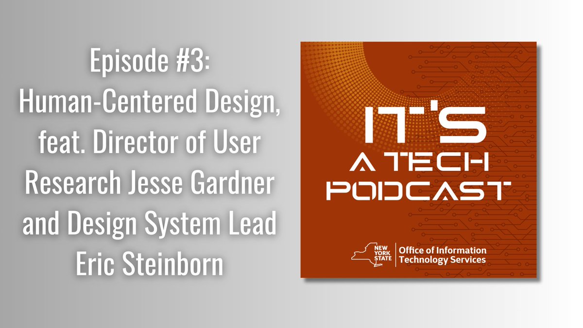 NYSITS's tweet photo. Listen to the latest episode of the “ITS a Tech Podcast,” featuring Jesse Gardner, Director of User Research at ITS and Eric Steinborn, Design System Lead. Learn more about human-centered design and how it helps New Yorkers access services efficiently. https://t.co/9NlJt0g6iq https://t.co/tjL3bF96eE