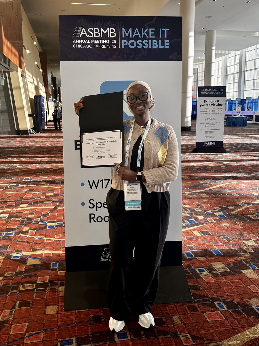 AndorferLab's tweet image. Our graduate student, Shukurah Anas, gave her first-ever conference talk at #ASBMB25—the first of many to come—earning second place in the Science in a Flash competition and bringing home a win for the lab. We're so proud of our rising star!
