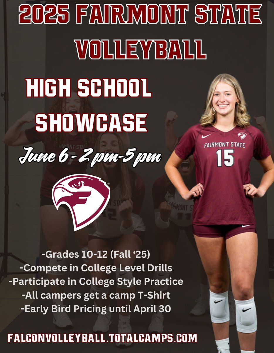 The 2025 Fairmont State Camps are filling up! Come train with the Falcons this summer!

The Middle School Skills camp has 5 spots open &amp; High School Elite Prospect Camp is 50% full!

Early registration discount ends on April 30th!  falconvolleyball.total camps.com