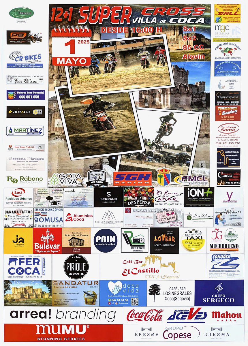 12+1 Super Cross Villa de Coca:
ayuntamientodecoca.com/2025/04/121-su…

🗓️ Jueves 1 de mayo de 2025
🕓 A partir de las 16:00 h
📍 Junto al castillo de Coca
🏍️ Categorías: Sx1, Sx2, 85 cc y Alevín