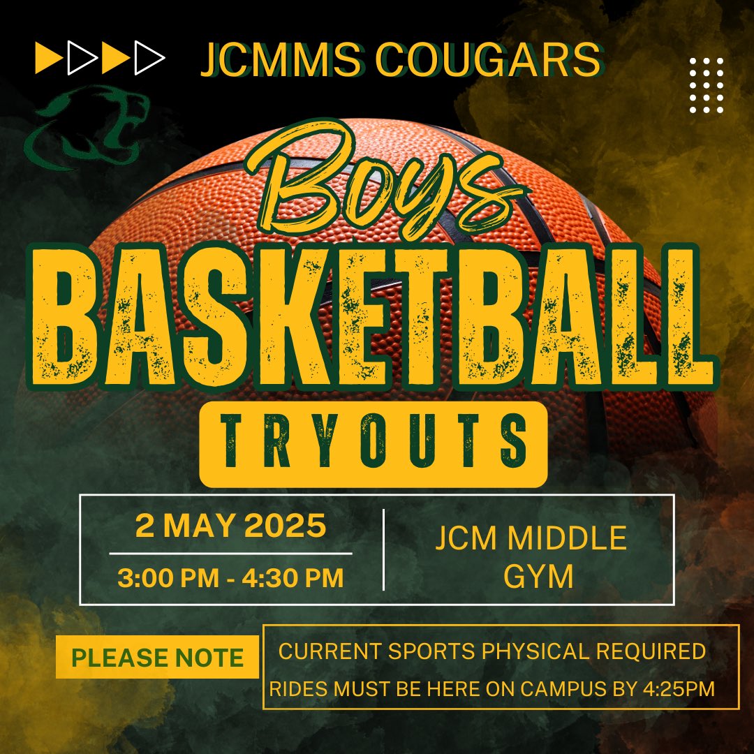 💚💛🏀Are you ready to play some basketball??  2025-26 Boys Basketball Tryouts are coming soon!! Please be sure to get your sports physical &amp; come read to show us your skills!!! #jcmms #cougarpride #basketball 🏀💚💛