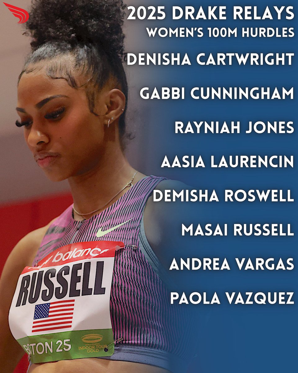 DyeStat (@dyestat) on Twitter photo One week out from <a href="/DrakeRelays/">Drake Relays</a> 🥳
Olympic 🥇 medalist <a href="/masai_russell/">Masai Russell OLY ✨</a> headlines the women’s 100m hurdles, going down next Saturday in Des Moines!
📸: John Nepolitan One week out from <a href="/DrakeRelays/">Drake Relays</a> 🥳
Olympic 🥇 medalist <a href="/masai_russell/">Masai Russell OLY ✨</a> headlines the women’s 100m hurdles, going down next Saturday in Des Moines!
📸: John Nepolitan