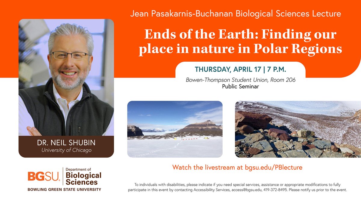 College of Arts and Sciences (@artscibgsu) on Twitter photo Join <a href="/BGSU_Biology/">BGSU Biology</a> at 7PM on Thurs, April 17, BTSU Theater, Room 206, as Dr. Neil Shubin reveals his current fieldwork, taking us to Ellesmere Island in the High Arctic of Canada and the Transantarctic Mountains of Antarctica in search of the earliest creatures to walk on land. Join <a href="/BGSU_Biology/">BGSU Biology</a> at 7PM on Thurs, April 17, BTSU Theater, Room 206, as Dr. Neil Shubin reveals his current fieldwork, taking us to Ellesmere Island in the High Arctic of Canada and the Transantarctic Mountains of Antarctica in search of the earliest creatures to walk on land.