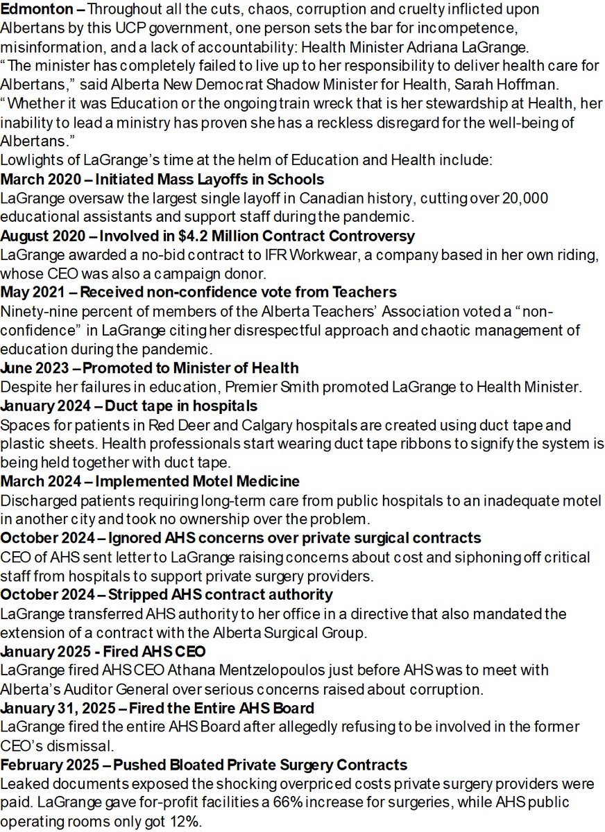 cspotweet's tweet photo. Alberta NDP calling for Adriana LaGrange to be fired from her role as Health Minister. #yeg #yyc #ableg https://t.co/ZD8aabbpZC