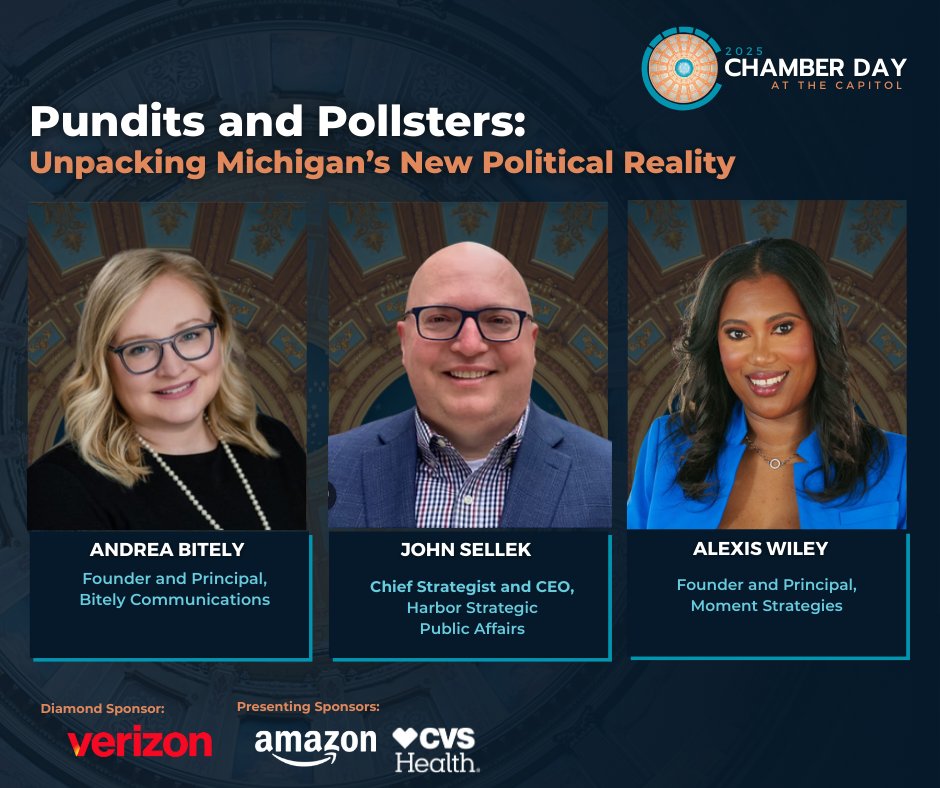Michigan Chamber of Commerce (@michamber) on Twitter photo Join us as our panel of top political analysts dive into voter trends, shifting demographics and whether Michigan’s recent policy shifts signal future compromise or more political gridlock. Register👉bit.ly/3X9niXE
<a href="/BitelyPR/">Bitely Communications</a> <a href="/HarborStrategic/">Harbor Strategic Public Affairs</a> <a href="/AlexisWileyNews/">Alexis Wiley</a> Join us as our panel of top political analysts dive into voter trends, shifting demographics and whether Michigan’s recent policy shifts signal future compromise or more political gridlock. Register👉bit.ly/3X9niXE
<a href="/BitelyPR/">Bitely Communications</a> <a href="/HarborStrategic/">Harbor Strategic Public Affairs</a> <a href="/AlexisWileyNews/">Alexis Wiley</a>