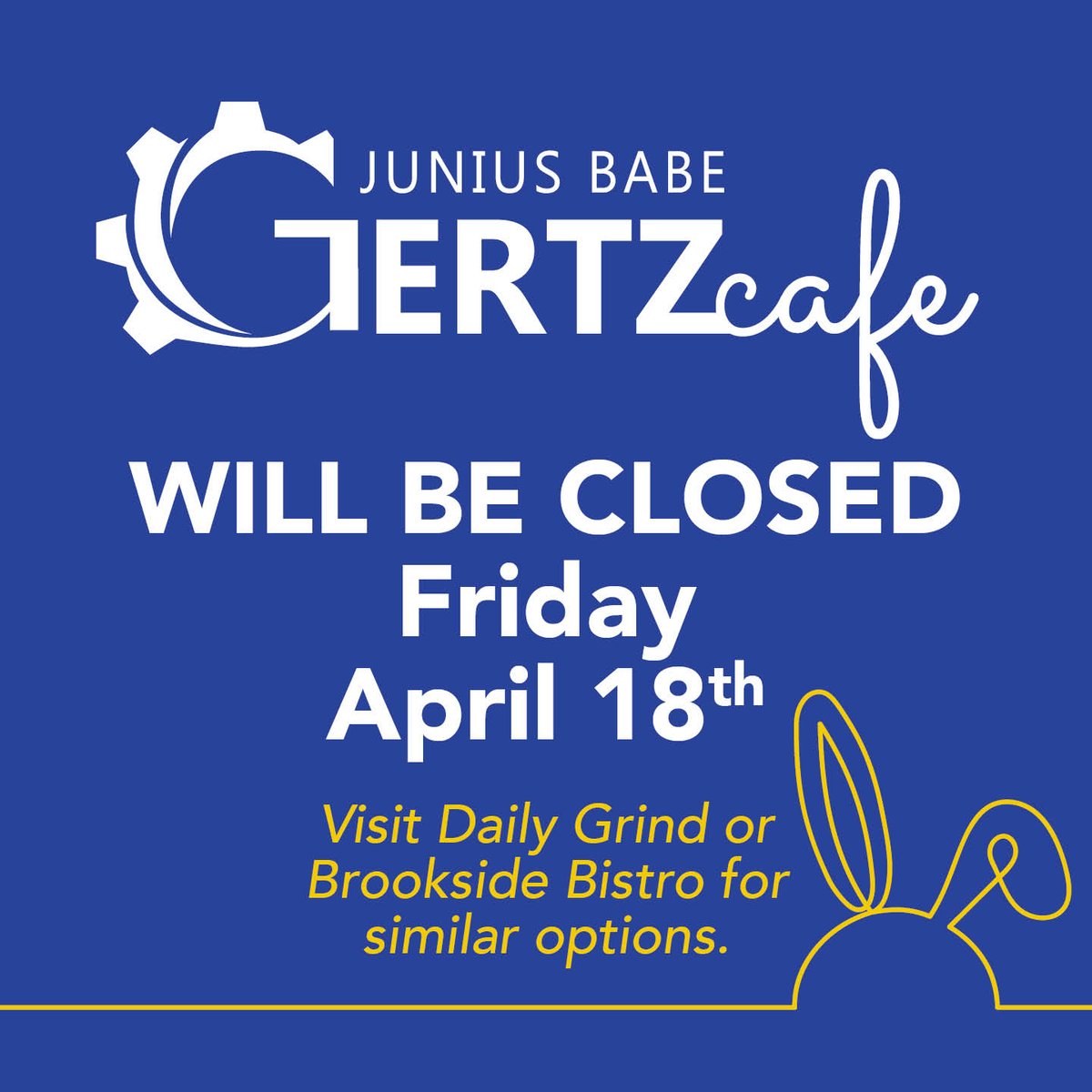 uridining's tweet image. Due to the upcoming holiday, the following dining locations will be closed:

Gertz Café: Closed on 4/18
Corner Store: Closed on 4/20
Daily Grind: Closed on 4/20
Brookside Bistro: Closed on 4/20
Wishing a happy holiday to all who celebrate!                           #URIdining
