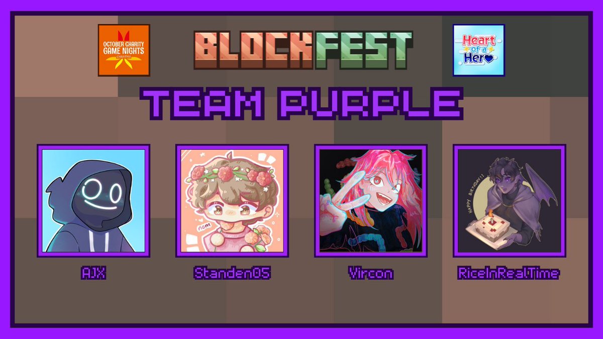 Announcing Team Purple:
<a href="/CaptainAJX/">AJX</a> <a href="/Standen05/">Nayr</a> <a href="/ImVircon/">Vera! 🎬🍉</a> <a href="/RiceInRealTime/">Rice</a> 

⭐️Watch them lock in during OCGN x BlockFest x Heart of A Hero on Saturday April 26th, at 12:00 PM Eastern!!⭐️