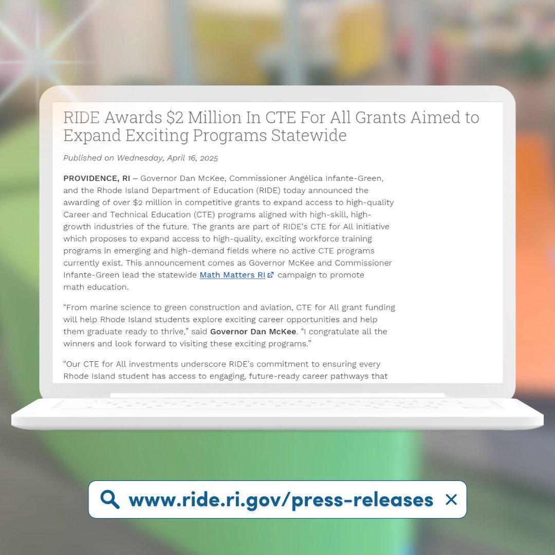 Rhode Island Department of Education (RIDE) (@ridepted) on Twitter photo Today, we announced $2 million in #CTEforAll grants to expand access to high-quality #CTE programs that align with the high-skill, high-growth industries of the future. This comes as <a href="/GovDanMcKee/">Governor Dan McKee</a> & RIDE are leading the #MathMattersRI campaign. More: bit.ly/4lzpv9o Today, we announced $2 million in #CTEforAll grants to expand access to high-quality #CTE programs that align with the high-skill, high-growth industries of the future. This comes as <a href="/GovDanMcKee/">Governor Dan McKee</a> & RIDE are leading the #MathMattersRI campaign. More: bit.ly/4lzpv9o