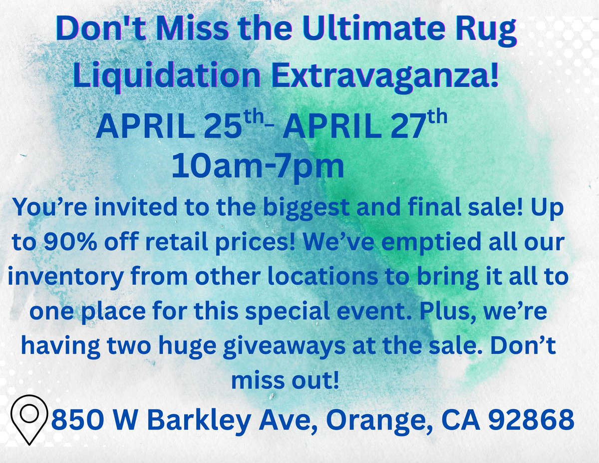 Hey everyone!  We’re having our final Rug Liquidation Event from April 25th to April 27th in Orange County, California! You can get up to 90% off retail prices! I’ll be posting daily updates, so stay tuned! Oh, and there will be two huge raffle giveaways!  
#OrangeCounty #socal
