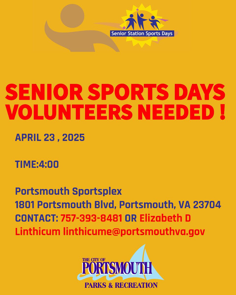 City of Portsmouth (@cityofportsva) on Twitter photo Volunteers Needed‼️
Help out at Senior Sports Days on April 23rd at 4PM at the Portsmouth Sportslex.🏅
Contact Elizabeth at 757-393-8481 or linthicume@portsmouthva.goc to sign up! Volunteers Needed‼️
Help out at Senior Sports Days on April 23rd at 4PM at the Portsmouth Sportslex.🏅
Contact Elizabeth at 757-393-8481 or linthicume@portsmouthva.goc to sign up!