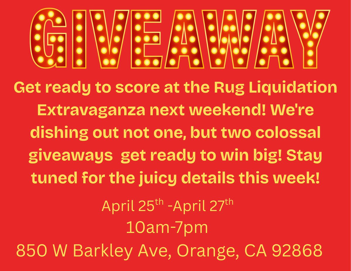 Join us for our grand finale of the Rug liquidation event in Orange County, California! You’ll find amazing deals with discounts of up to 90% and exciting raffle giveaways. Don’t miss out on this fantastic opportunity to score some great deals on rugs! #orangecounty 
#socal