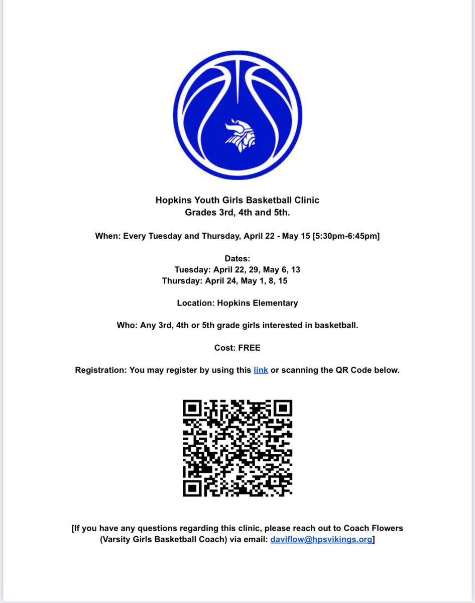 3rd-5th clinic starting next week. K-2 clinic starting in May. Check the fliers for more information, including how to register!

#LadyVikings
#family
#BurnTheBoat