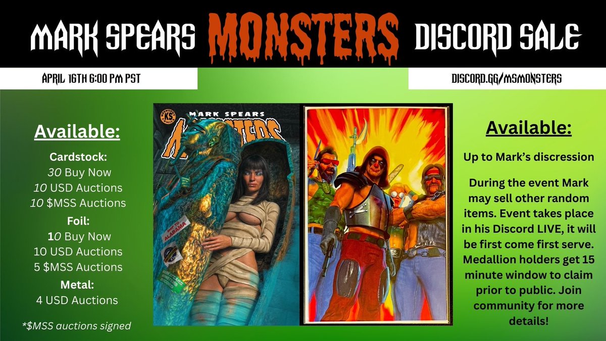 Mark Spears Monsters (@marks_monsters) on Twitter photo TONIGHT! In <a href="/markspearsart/">MARK SPEARS</a> Discord!
Tune in at 6 pm PST for chance to grab some Huntsville exclusives and potentially other AWESOME items directly from Mark!
discord.gg/msmonsters TONIGHT! In <a href="/markspearsart/">MARK SPEARS</a> Discord!
Tune in at 6 pm PST for chance to grab some Huntsville exclusives and potentially other AWESOME items directly from Mark!
discord.gg/msmonsters