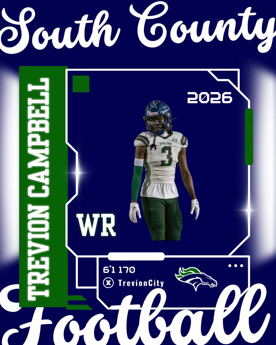 Stallion Football (@socofootball) on Twitter photo 🟢South County Player Spotlight 🔵<a href="/SoCoFootball/">Stallion Football</a>
Name: Trevion Campbell
Position: WR/DB
Year: C/O 2026
Size: 6’1 170
GPA:3.2
X:<a href="/TrevionCity/">Trevion Campbell</a>
Hudl: hudl.com/video/3/187308… 🟢South County Player Spotlight 🔵<a href="/SoCoFootball/">Stallion Football</a>
Name: Trevion Campbell
Position: WR/DB
Year: C/O 2026
Size: 6’1 170
GPA:3.2
X:<a href="/TrevionCity/">Trevion Campbell</a>
Hudl: hudl.com/video/3/187308…
