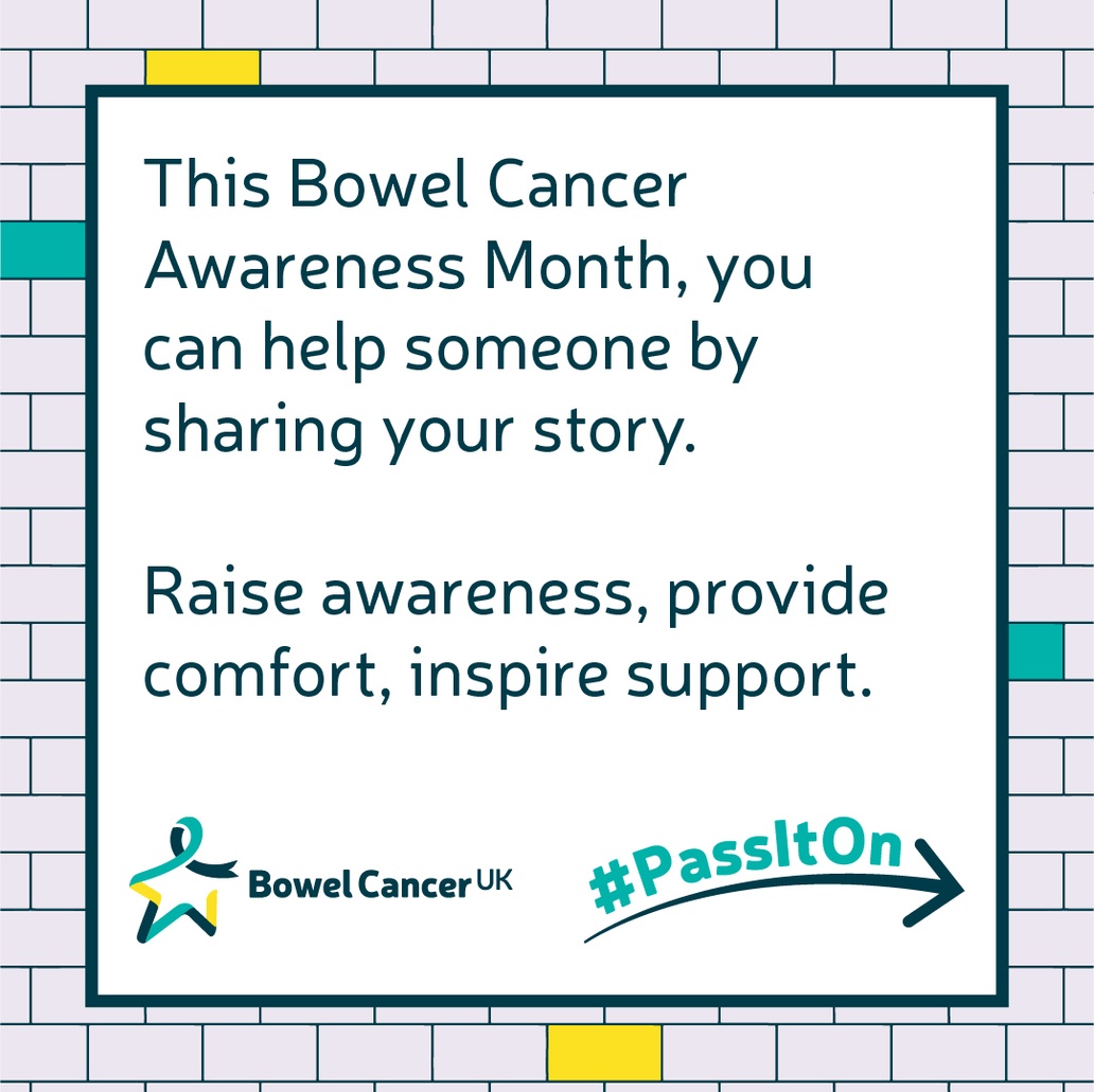Medway NHS Foundation Trust (@medway_nhs_ft) on Twitter photo This #BowelCancerAwarenessMonth, you can help someone by sharing your story on <a href="/bowelcanceruk/">Bowel Cancer UK</a>’s story wall.
Visit orlo.uk/0yTe9 and #PassItOn This #BowelCancerAwarenessMonth, you can help someone by sharing your story on <a href="/bowelcanceruk/">Bowel Cancer UK</a>’s story wall.
Visit orlo.uk/0yTe9 and #PassItOn