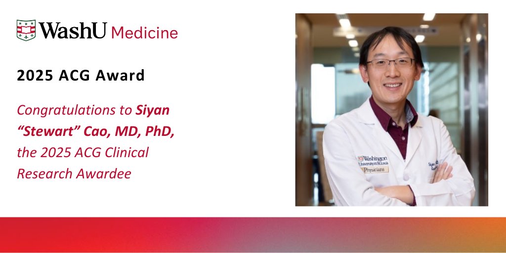 WashU Medicine Department of Medicine (@washudeptmed) on Twitter photo Congratulations <a href="/Siyan_Cao/">Siyan Cao "Stewart", MD PhD</a> MD, PhD <a href="/WashUMedGastro/">WashU Medicine Division of Gastroenterology</a> on receiving the 2025 @AMCollegeGastro Clinical Research Award.
This award supports research intended to improve the management of eosinophilic esophagitis (EoE), a chronic inflammatory disease.
More> l8r.it/3B6o Congratulations <a href="/Siyan_Cao/">Siyan Cao "Stewart", MD PhD</a> MD, PhD <a href="/WashUMedGastro/">WashU Medicine Division of Gastroenterology</a> on receiving the 2025 @AMCollegeGastro Clinical Research Award.
This award supports research intended to improve the management of eosinophilic esophagitis (EoE), a chronic inflammatory disease.
More> l8r.it/3B6o