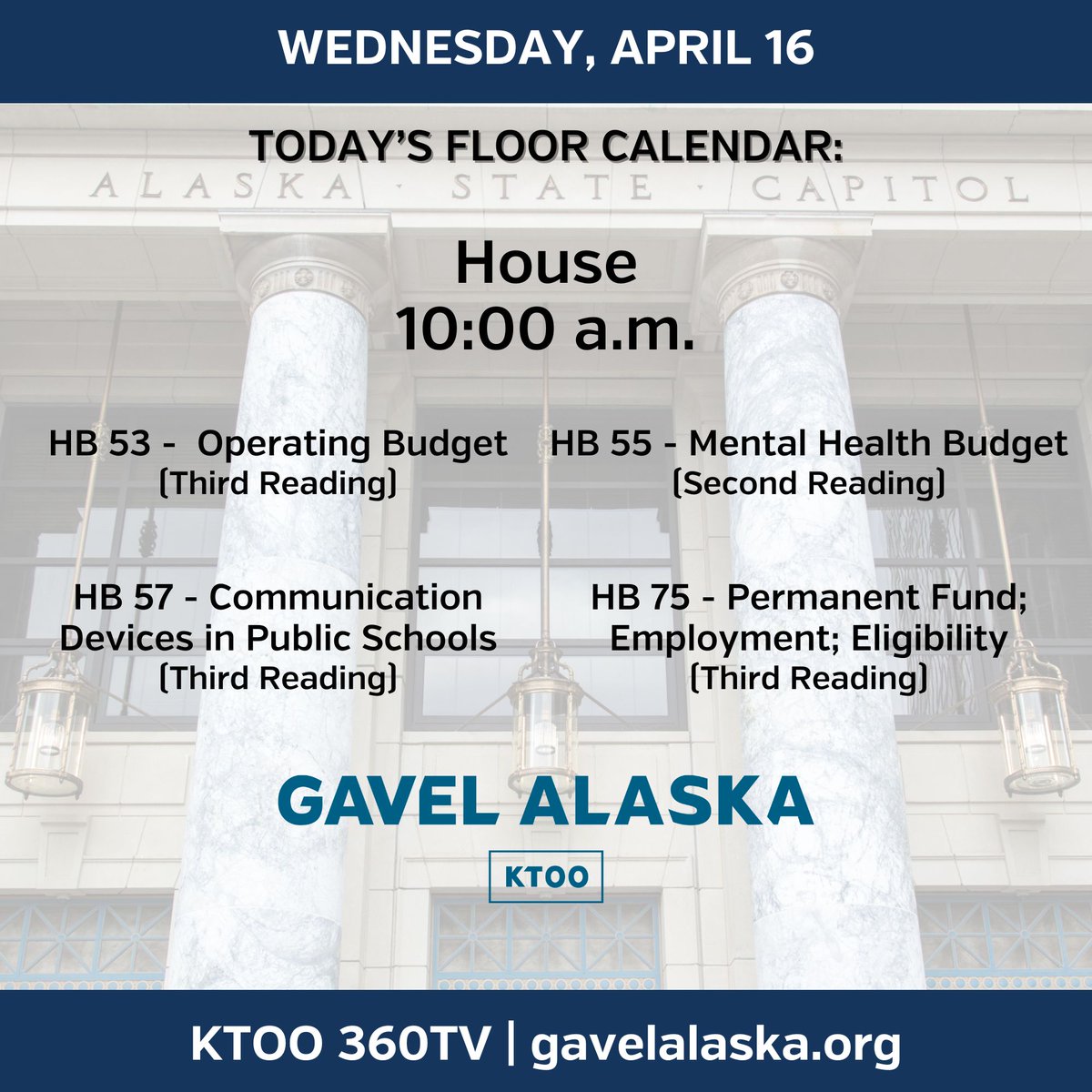 The House convenes at 10:00 today for final passage on the operating budget. Watch live at gavelalaska.org. TV coverage will join the House Floor upon conclusion of Senate Finance. #akleg