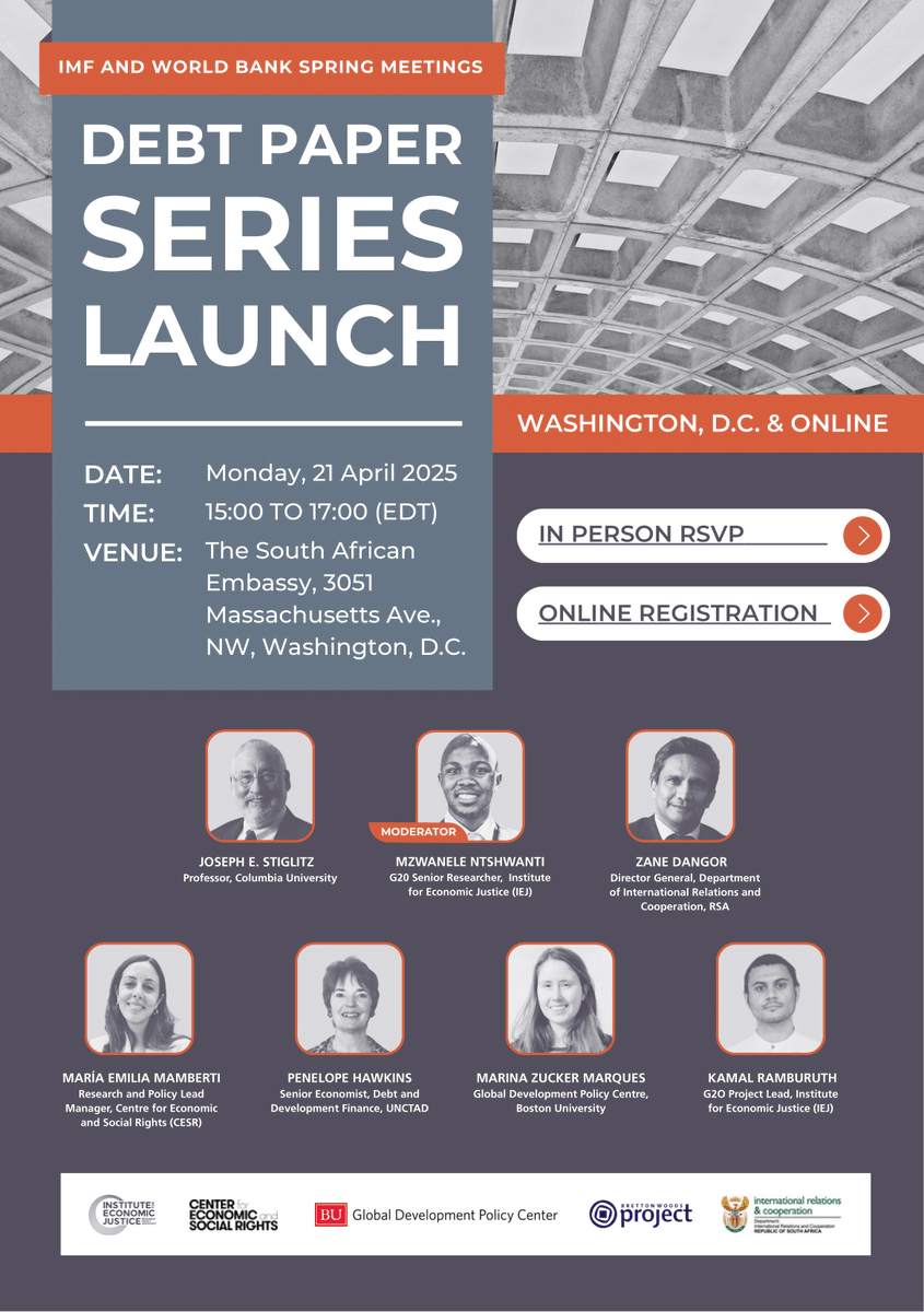 Boston University Global Development Policy Center (@gdp_center) on Twitter photo A series of 3️⃣ new papers published by <a href="/IEJ_SA/">Institute for Economic Justice</a> tackle debt + int'l human rights, conditions of perpetual debt accumulation + how debt service is undermining Africa's development prospects.
On Mon., Apr. 21, join us for a hybrid expert panel to discuss: gdpcenter.org/42uFb51 A series of 3️⃣ new papers published by <a href="/IEJ_SA/">Institute for Economic Justice</a> tackle debt + int'l human rights, conditions of perpetual debt accumulation + how debt service is undermining Africa's development prospects.
On Mon., Apr. 21, join us for a hybrid expert panel to discuss: gdpcenter.org/42uFb51