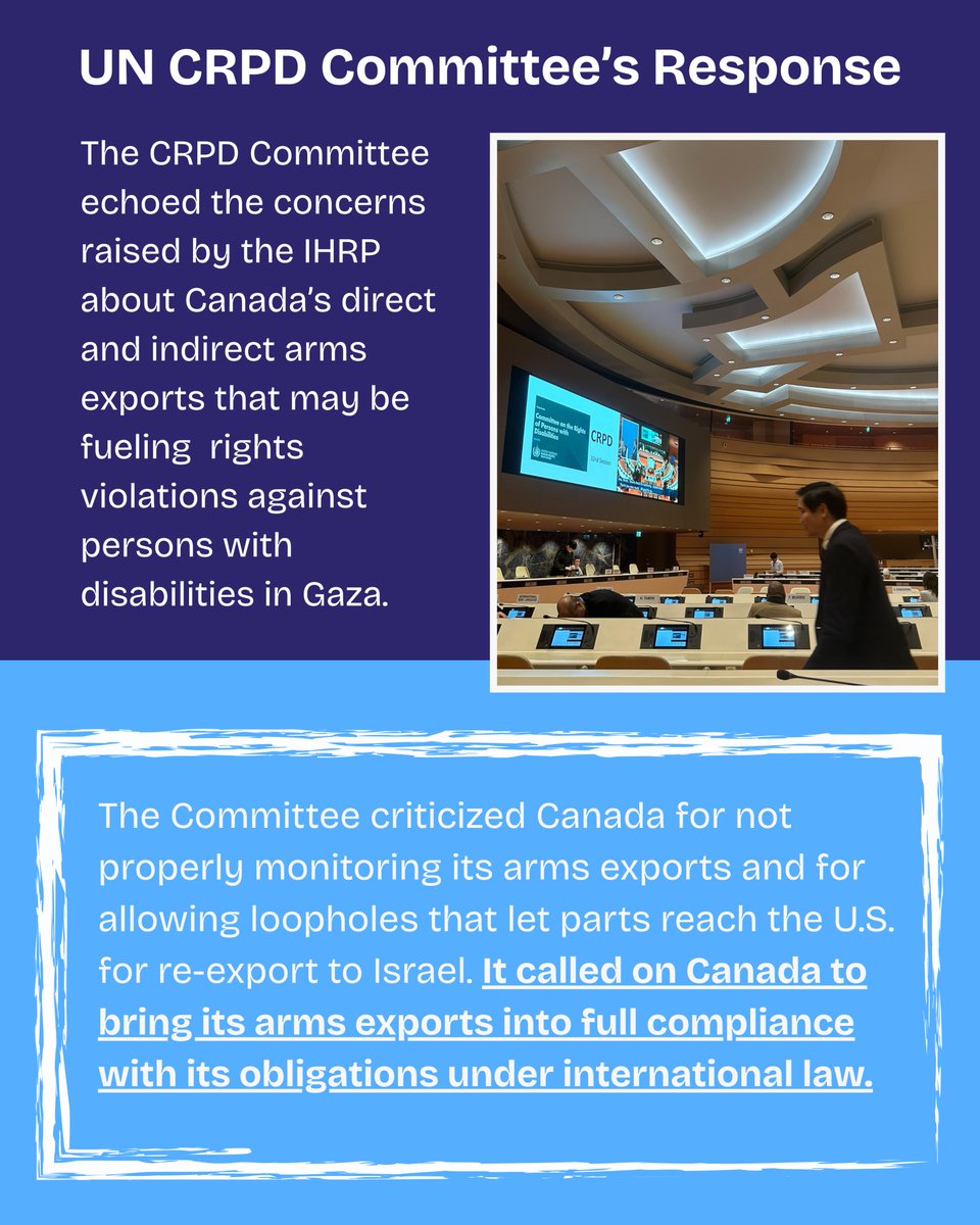 📢*BREAKING* UN Committee Slams Canada on Arms Exports

Following IHRP report, UN Disability Rights Committee highlights the role of Canada’s arms exports to Israel in human rights violations against persons with disabilities in Gaza.🔗uoft.me/CRPDreport