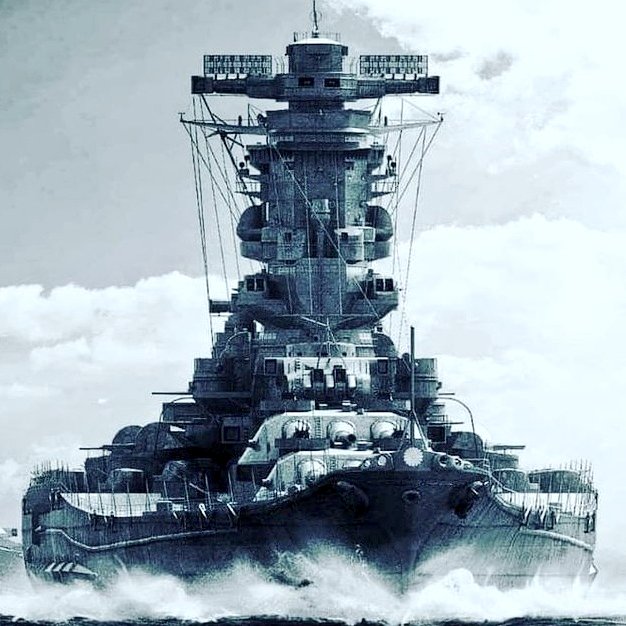 RealAirPower1's tweet photo. The legendry IJN Yamato, the biggest battleship of WWII, in fact, the biggest battleship ever built. Displacing a colossal 72,000 tons fully loaded, with 16 inches of armour and 18-inch guns that could hurl shells the size of small cars, she was a floating fortress of steel, designed solely to dominate the seas. 1/3