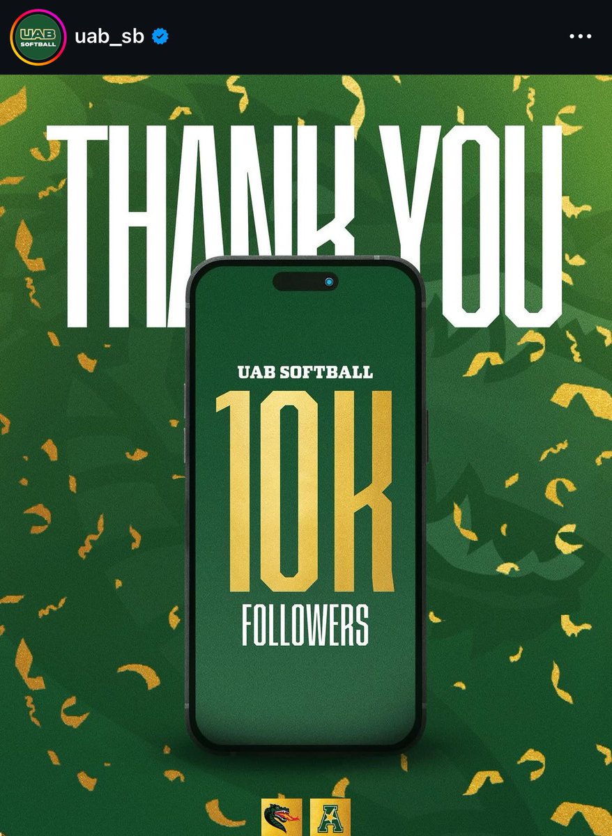 UAB Softball started the year with less than 9k insta followers. 

~900 new followers in the last 90 days alone.

Massive shoutout to the team, marketing, comms and my awesome creative crew for building this up!

Let’s keep it rolling and finish strong 💪