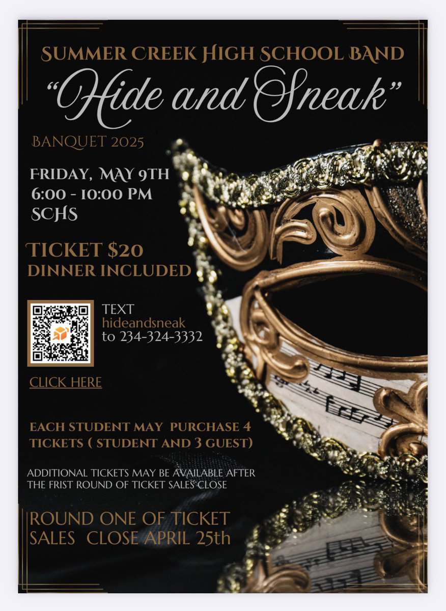 It’s almost time to Hide and Sneak! Join us for a magical night at the SCHS Band Banquet on May 9th! Dinner, music, and memories — all for just $20! Grab your tickets before round one closes on April 25th!