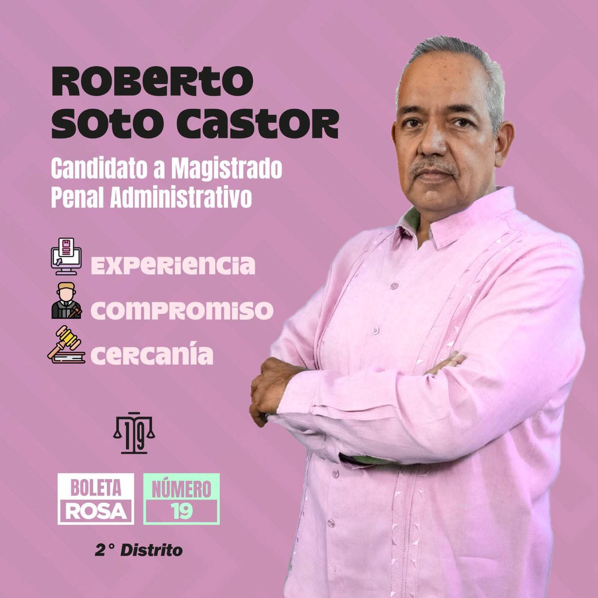 El 01 de junio, tenemos una cita con la democracia PARTICIPA ! 
En Morelos VOTA x Soto Castor Roberto en la Boleta Rosa 💗 número 19 en el Distrito 2 Magistrado de Circuito Especialidad Penal Administrativa, la transformación de la justicia la hacemos todos!